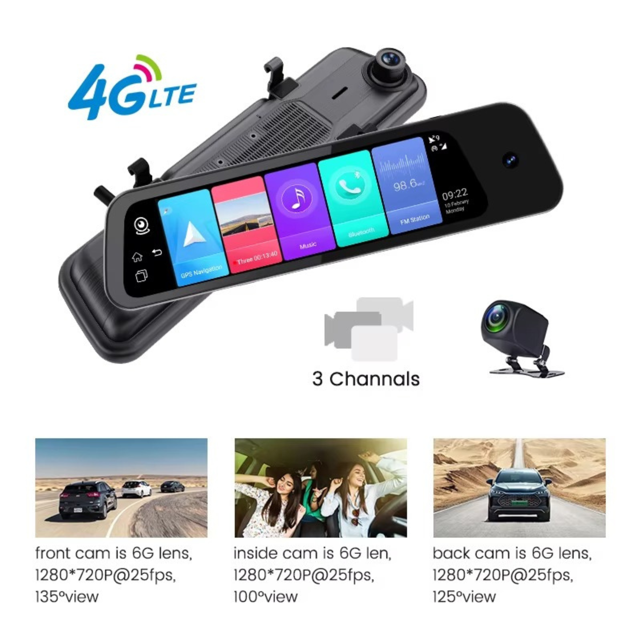 P9000 4G Smart Dashcam – 9.66″ Touch Screen | Triple Camera (1080P Front + 720P Cabin + 720P Rear) | DMS + ADAS | Android 8.1 | Two‑Way Talk