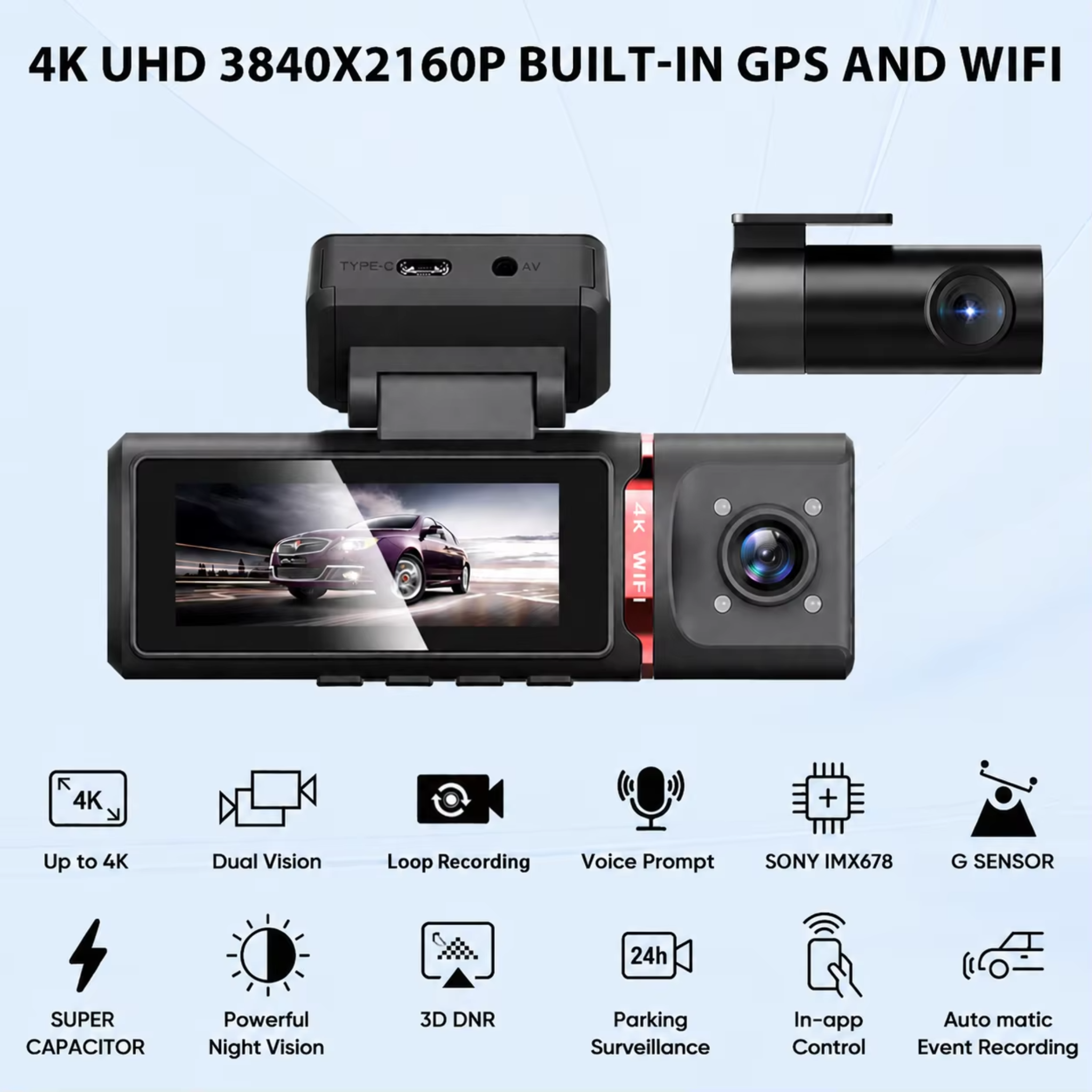 🚀 JSD 3‑Channel AI 4K Driving Recorder – 4K Front + 1K Indoor + 1K Rear | ADAS | DMS | GPS | 24/7 Parking Monitor