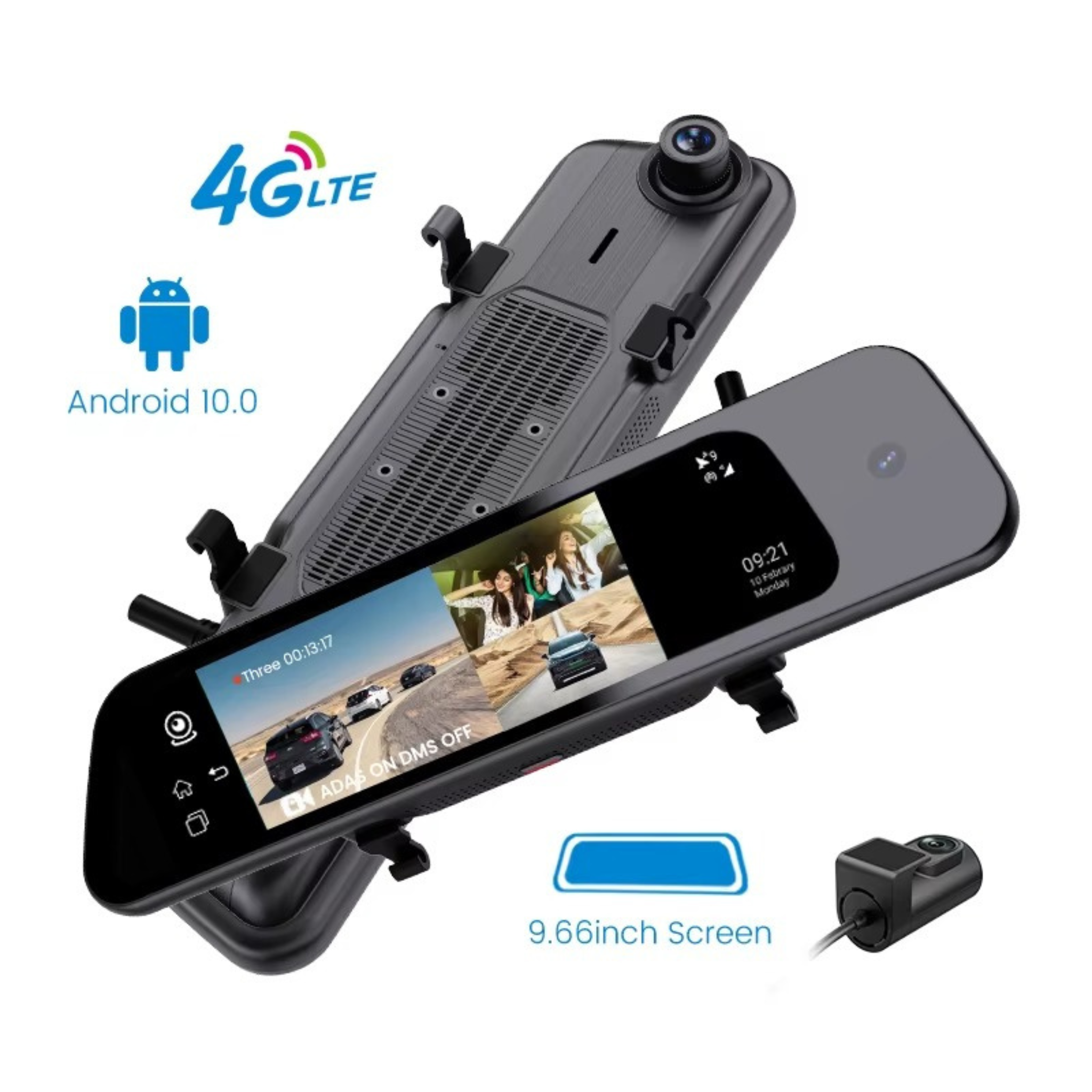 P9000 4G Smart Dashcam – 9.66″ Touch Screen | Triple Camera (1080P Front + 720P Cabin + 720P Rear) | DMS + ADAS | Android 8.1 | Two‑Way Talk