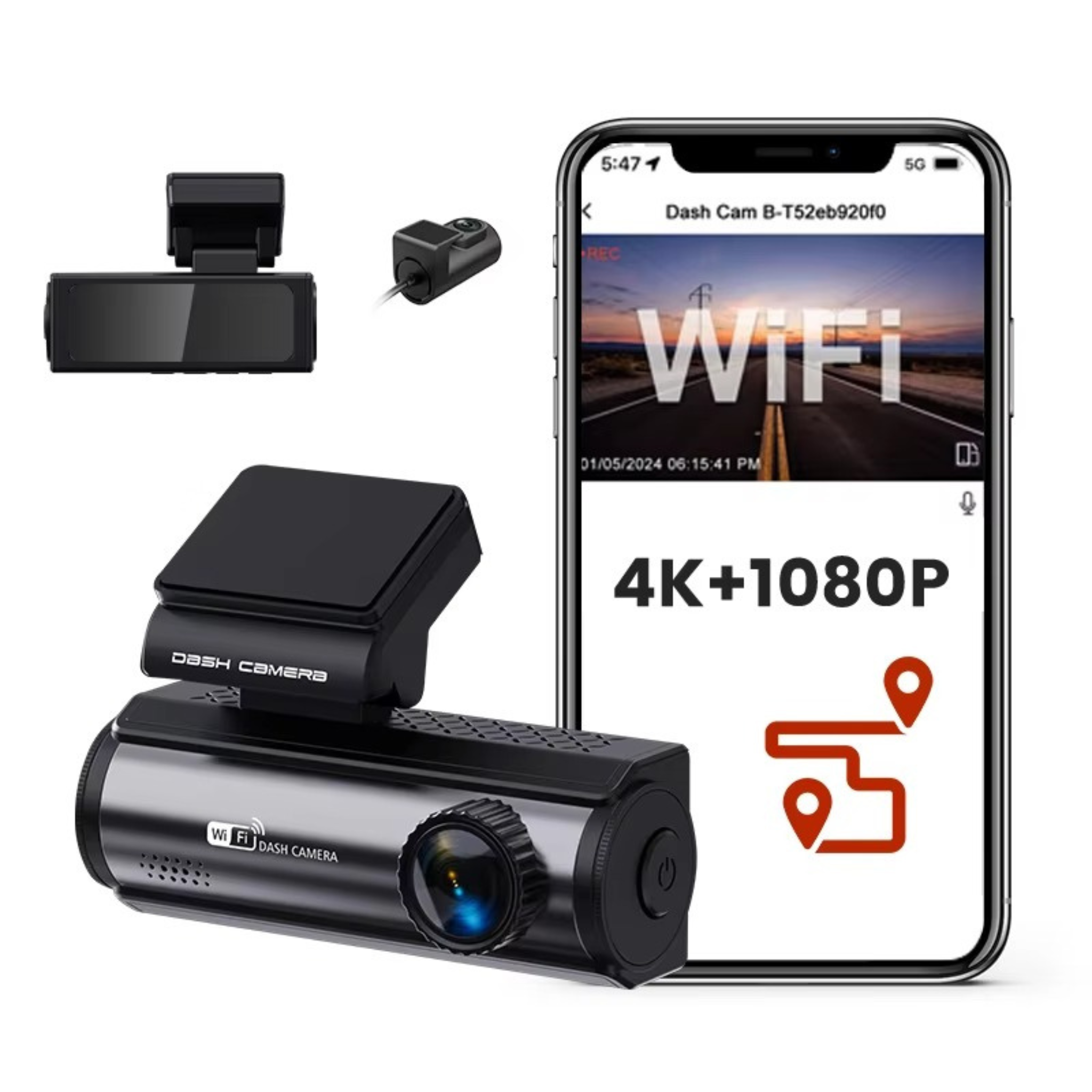 X50+GPS 4K Smart Dashcam – 4K Front + 1080P Rear | 1.3″ IPS Screen | WiFi + GPS | Parking Monitor | Supports 256GB | G‑Sensor & Loop Recording