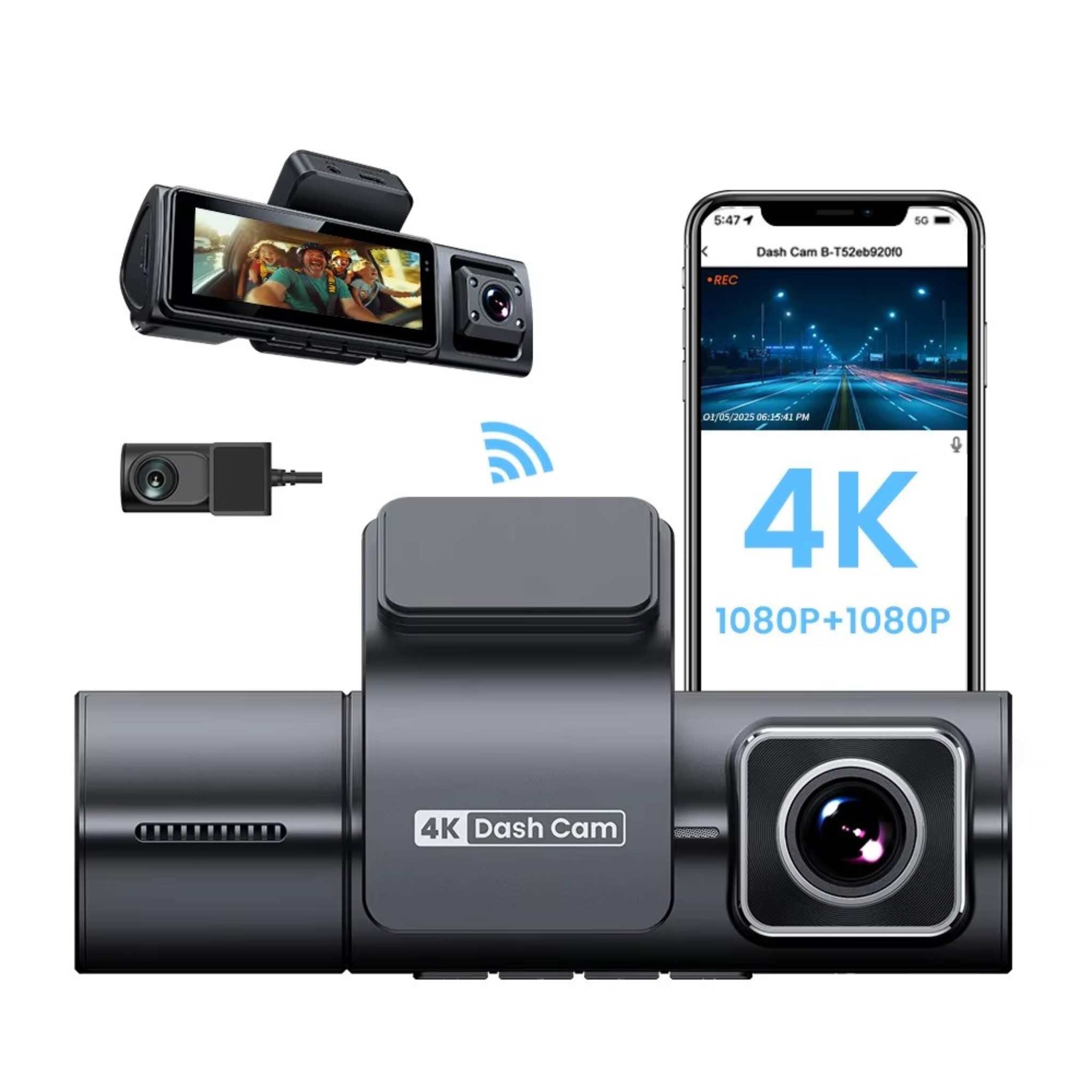 F9-3 Ultra 4K Triple Lens Smart Dashcam – 3.16" LCD, WiFi & GPS, 1080P Cabin Night Vision & Rear Cam, Type-C Power